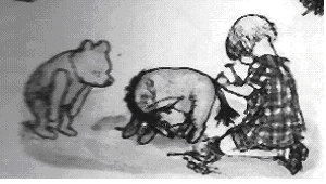 Christopher Robin nailing Eeyore's tail on